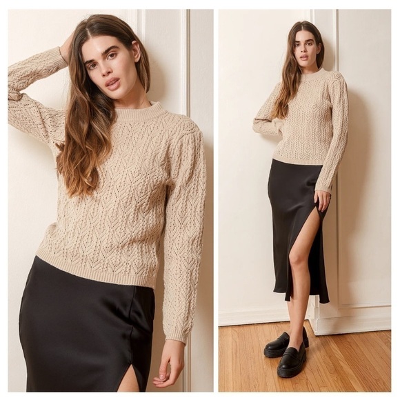 LULU’S Cup Of Cozy Beige Pointelle Knit Long Sleeve Sweater - Picture 1 of 4